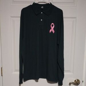 Dark Green Long Sleeve Polo with Breast Cancer   Ribbon